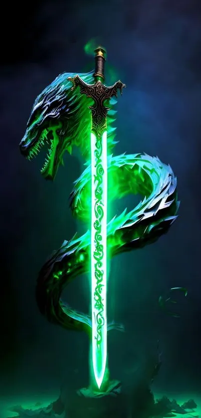 Mystical dragon entwined with glowing sword on dark background.