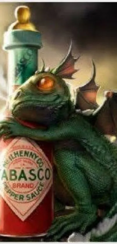 Green dragon hugging a Tabasco bottle in a fantasy artwork.