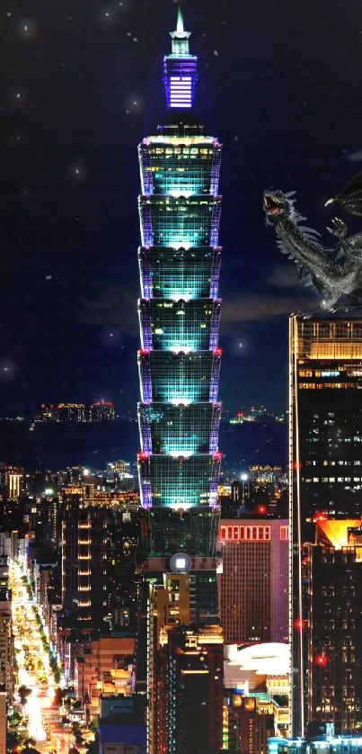 Dragon hovering over Taipei city skyline with Taipei 101 glowing at night.