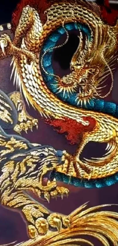 Intricate design of dragon and tiger in battle with vibrant colors.