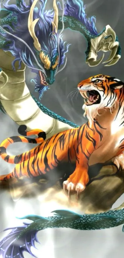 Vibrant artwork of a dragon and tiger in battle.