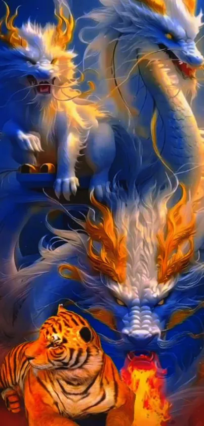 Fantasy art of a dragon and tiger with vibrant blue and fiery colors.