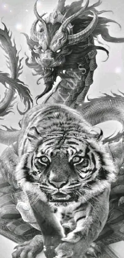 Monochrome wallpaper of a dragon and tiger in striking detail.