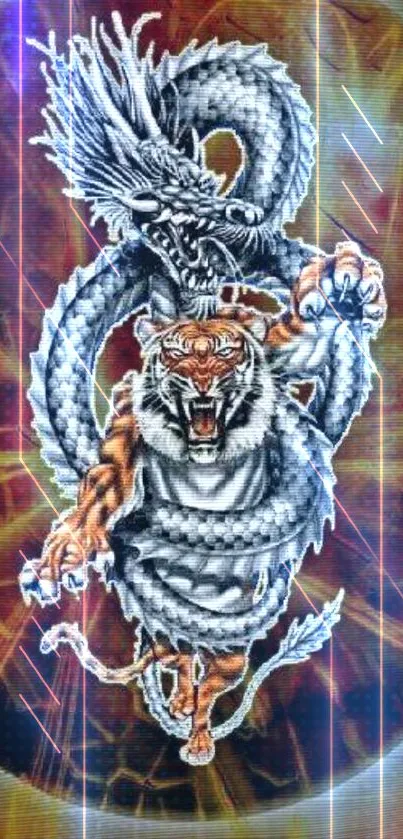 Dynamic dragon and tiger mobile wallpaper with vibrant background.