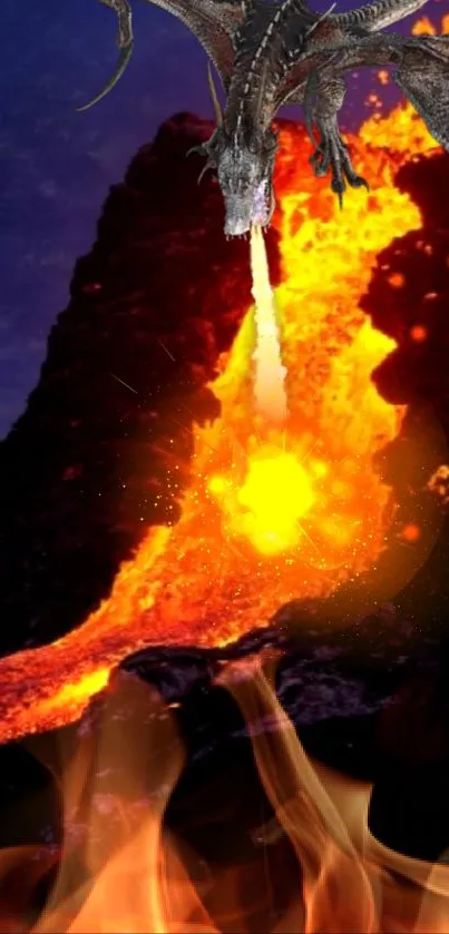 A dragon breathing fire over a volcano eruption, with glowing lava.