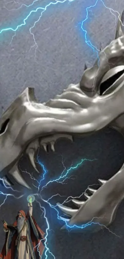 Metallic dragon head with wizard and lightning on phone wallpaper.