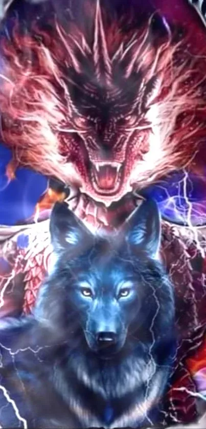 Epic dragon and wolf fantasy art wallpaper, electric and colorful design.