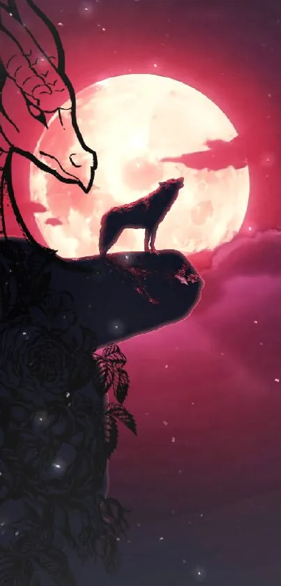 Dragon and wolf silhouette with full moon and red sky background.