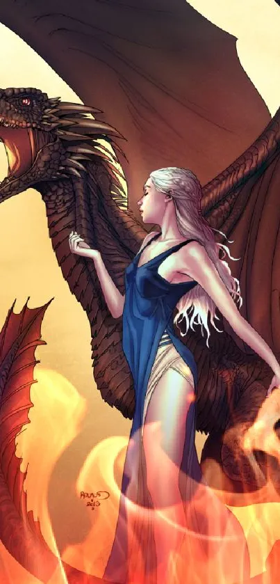 A mystical woman standing with a dragon in a fantasy landscape.