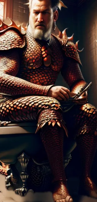 Fantasy art of a man in detailed dragon armor seated creatively.