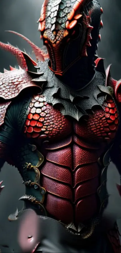 Fantasy dragon armor with detailed textures and crimson hues.