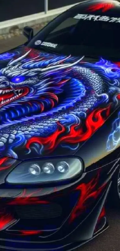 Mobile wallpaper featuring a dragon artwork on a sports car with blue and red flames.