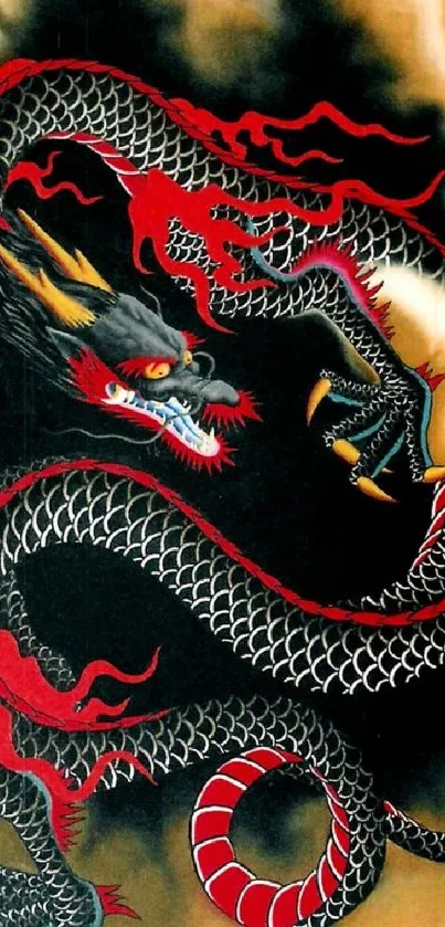 Artistic dragon mobile wallpaper with black, red, and golden hues.