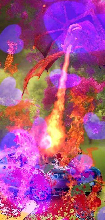 Fiery dragon attacking car in lush nature backdrop.