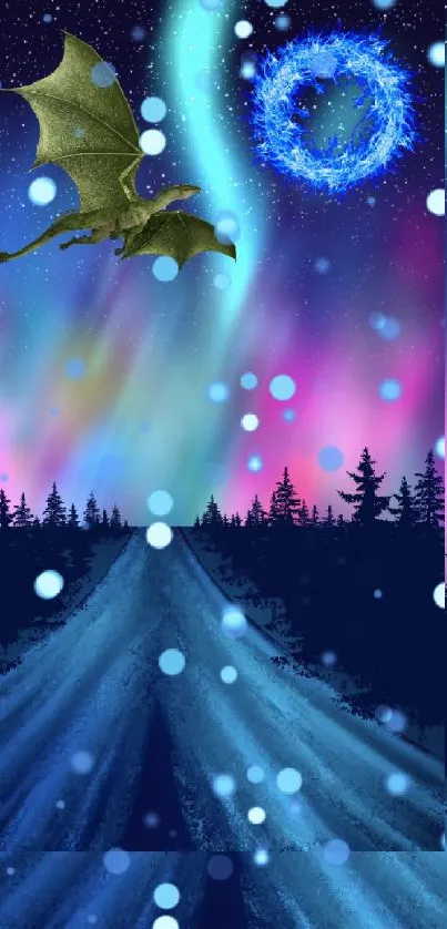 A dragon flies under a colorful aurora borealis night sky, creating a fantasy landscape.