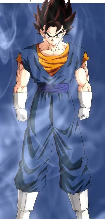 Dragon Ball character in blue attire on vibrant mobile wallpaper.