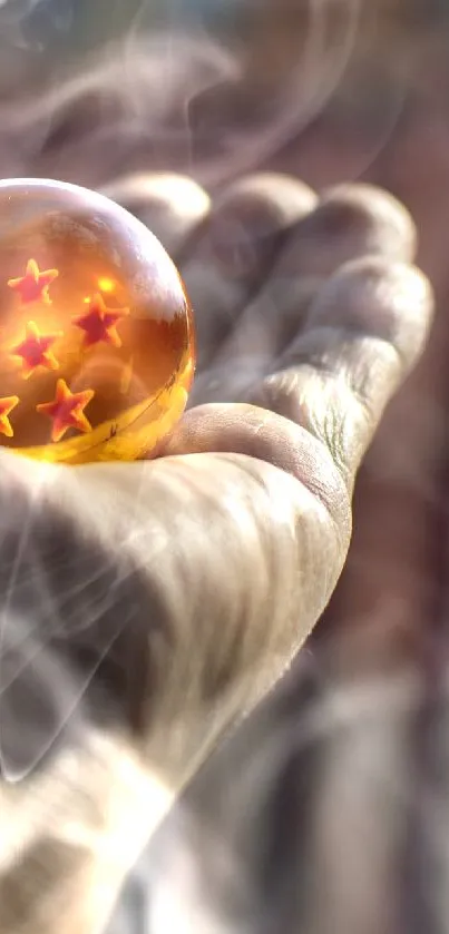 A hand holds a dragon ball with stars against a blurred background.