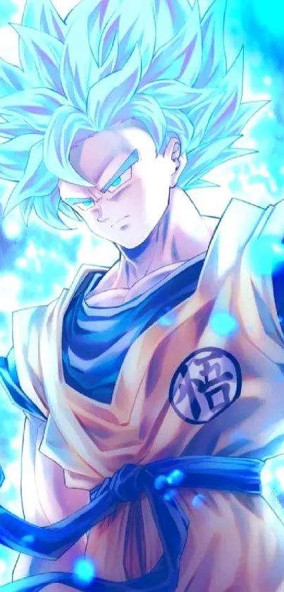 Dragon Ball Super Saiyan with blue aura in anime art style.