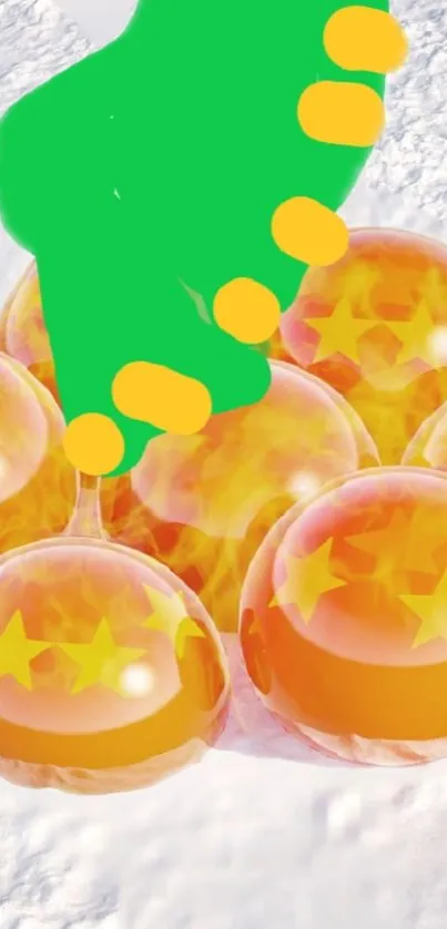 Dragon Balls resting on snow with vibrant colors and star patterns.