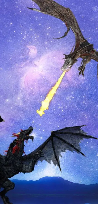 Two dragons engage in battle beneath a vivid star-filled sky.