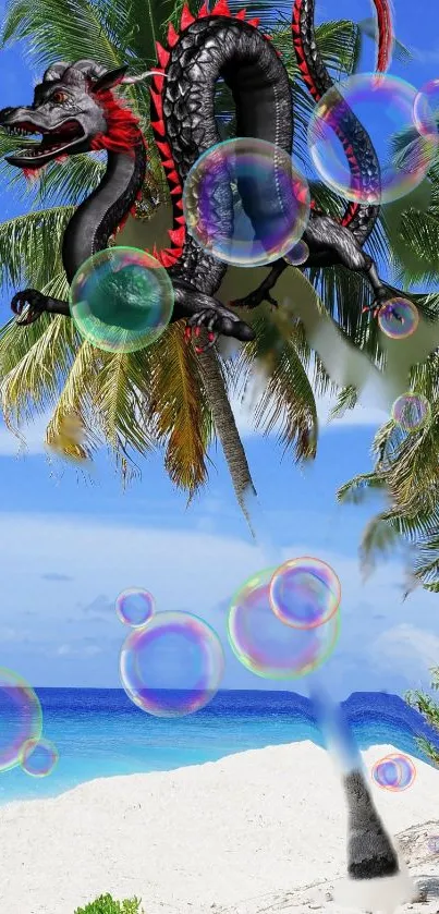 Dragon flying over a tropical beach with bubbles and palm trees in vibrant colors.