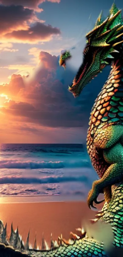 Dragon overlooking a sunset at the beach with vibrant colors and scales.