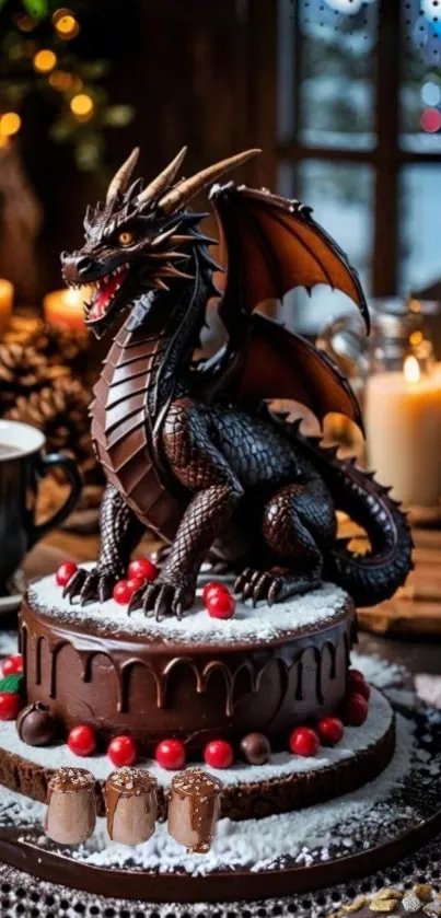 Dragon sitting atop a chocolate cake with candles burning nearby in a cozy setting.