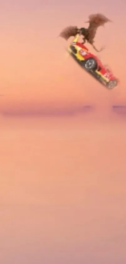 Dragon flying with car through a pink sunset sky.