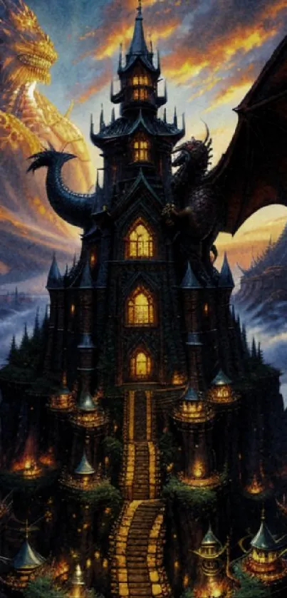 Fantasy dragon castle with dramatic skies.