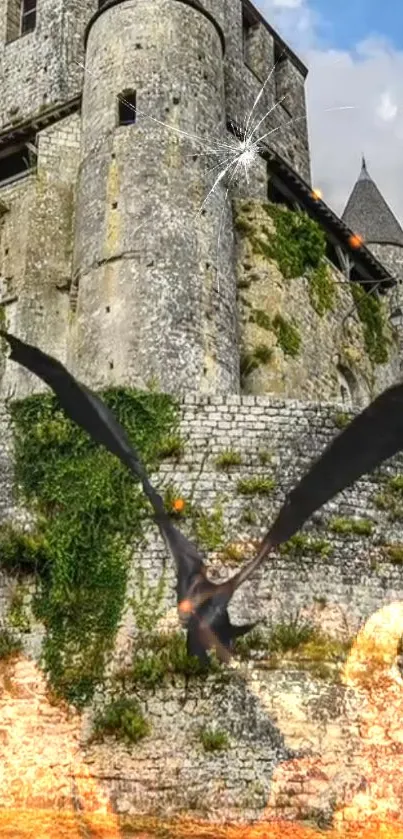 A dragon flies over a medieval castle surrounded by flames.