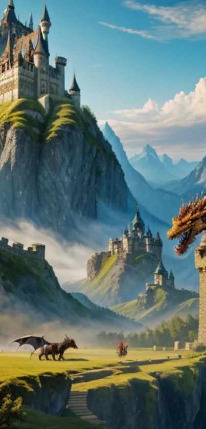 Fantasy castle with dragon in mountain landscape.