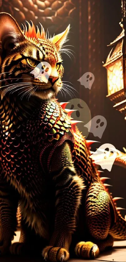 Fantasy dragon cat with glowing lantern in dim light.