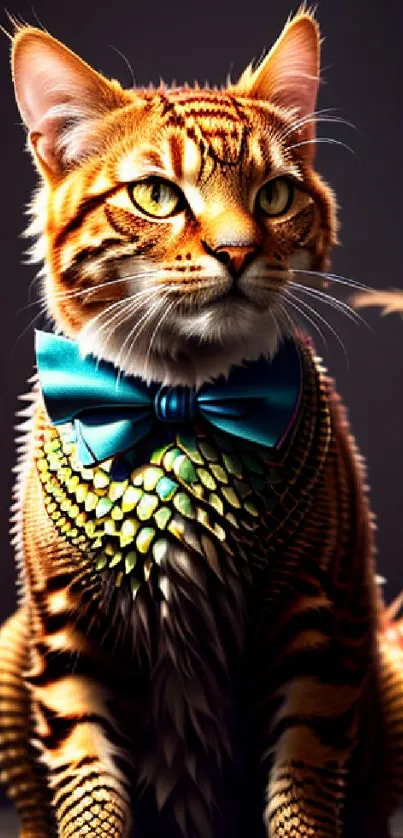 A dragon-themed cat with scales and a blue bow tie in fantasy art style.