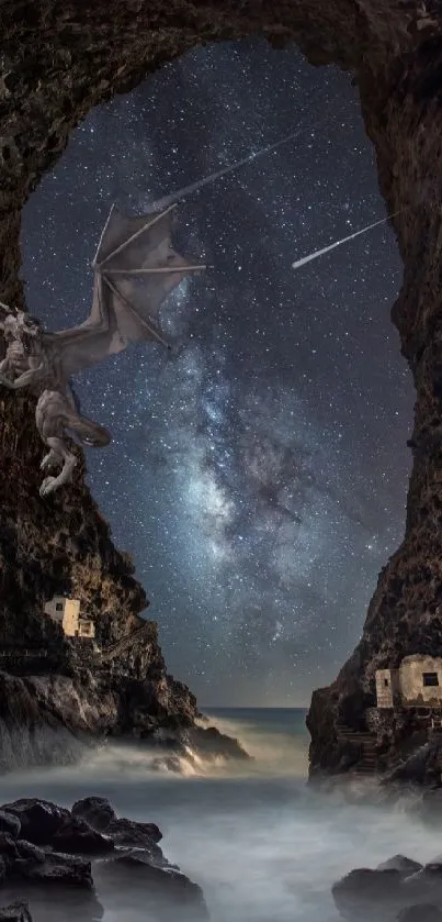 Dragon flying in a starry cave with galaxy view.