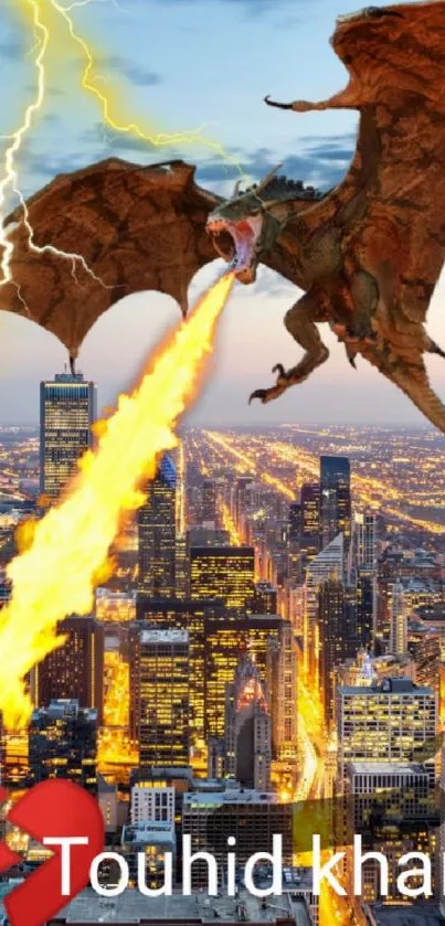 A dragon breathes fire over a modern cityscape at dusk.