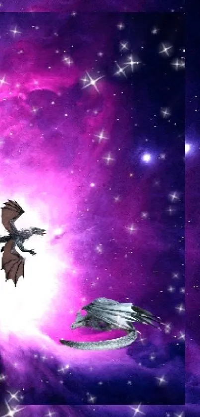 Epic dragons in a cosmic purple space backdrop on mobile wallpaper.