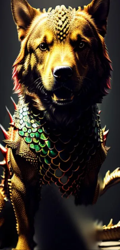 Fantasy art of a mythical dragon dog with vibrant scales and golden hue.