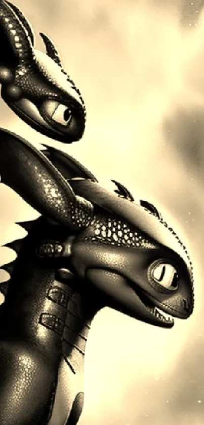 Dragon duo fantasy art wallpaper in sepia.