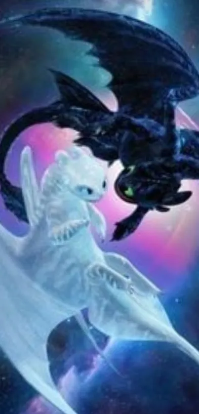 Black and white dragons in cosmic background.