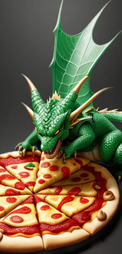 Green dragon enjoying a slice of pizza on a dark background.