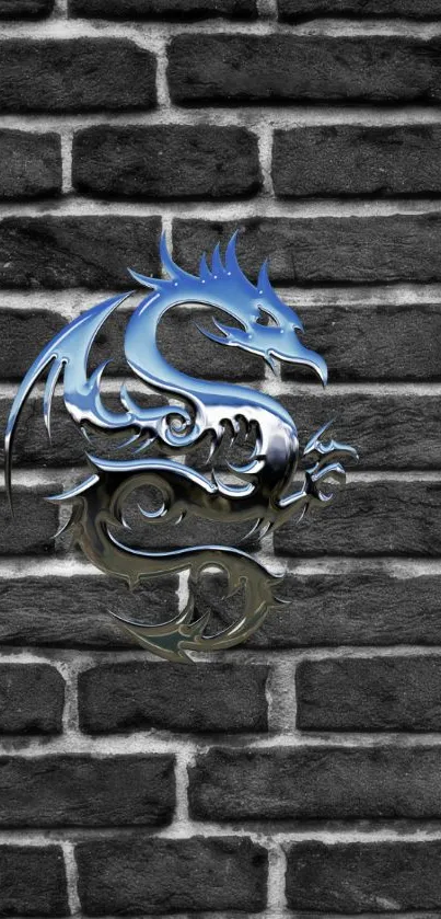 Metallic dragon emblem on gray brick background wallpaper.