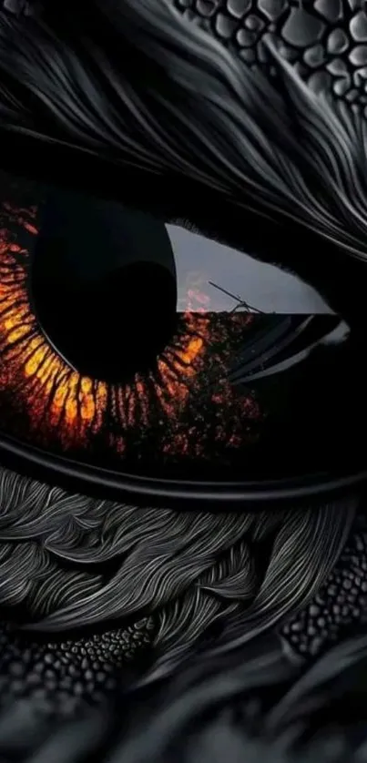 Close-up of a dragon's eye with intricate patterns and fiery colors.