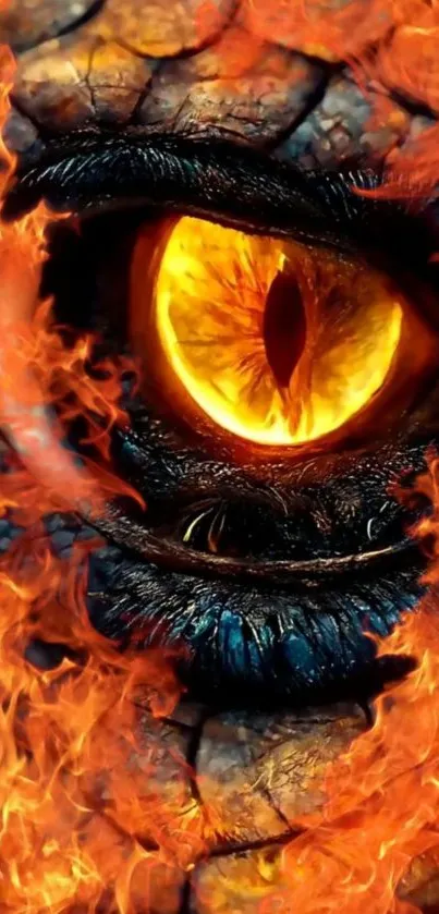 Close-up of a fiery dragon eye surrounded by vivid flames and scales.