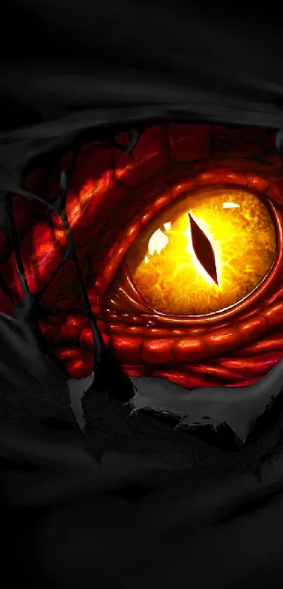 Fiery dragon eye with intricate scales in a mobile wallpaper design.