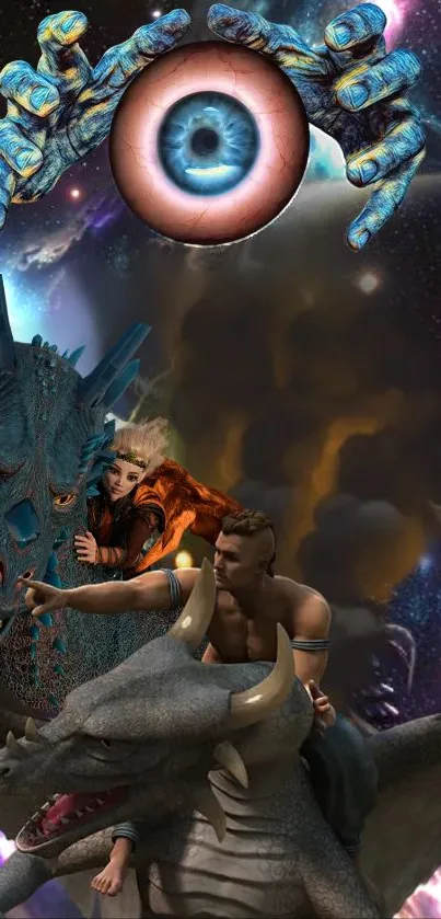 Epic fantasy scene with dragons and warriors in a cosmic setting.