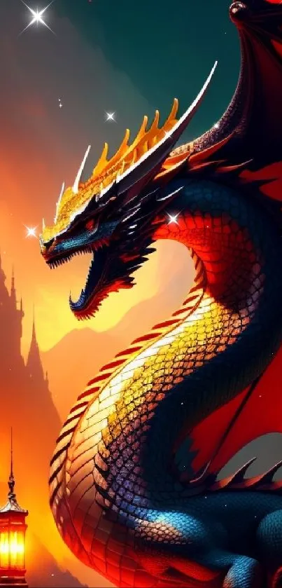 Vibrant dragon with castle backdrop on fantasy art wallpaper.