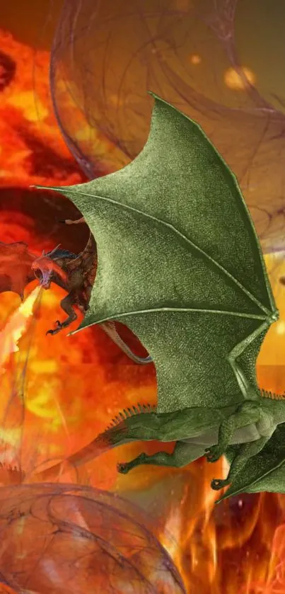 Vibrant dragon scene with fiery backdrop and mythical creatures.
