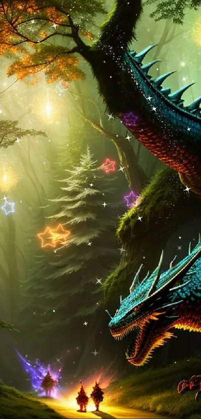 Majestic dragon in a luminous fantasy forest scene.