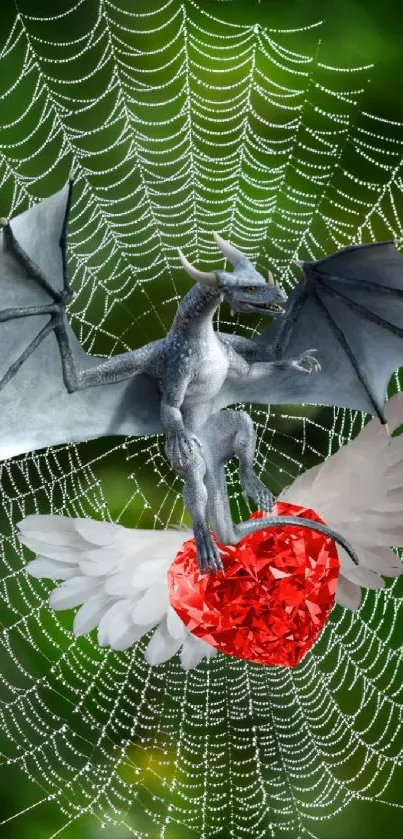 Dragon with crystal heart and spiderweb on green background.