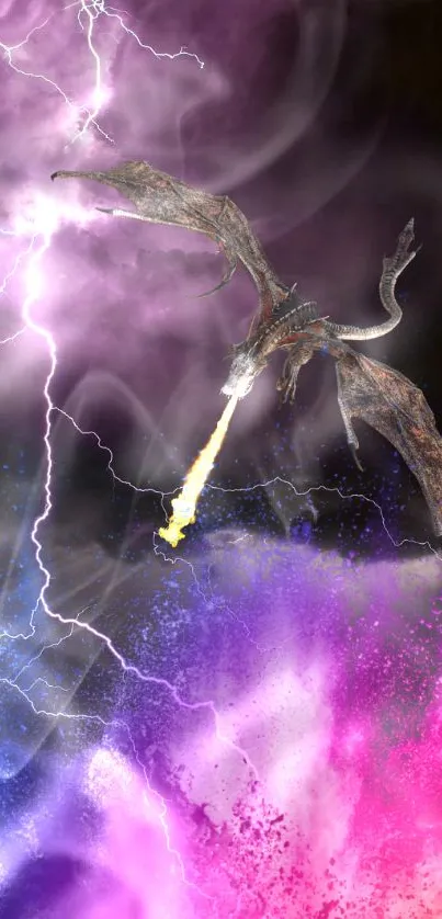 A dragon breathes fire amid colorful lightning in a fantasy wallpaper.